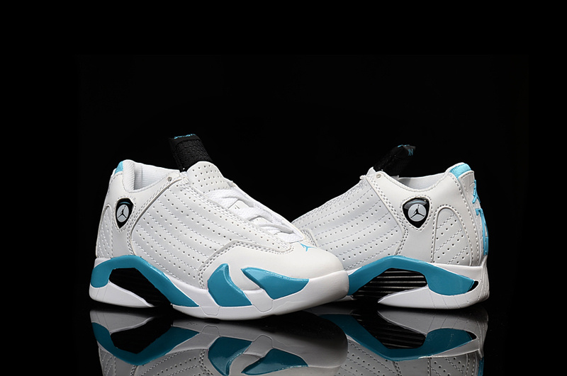 2016 Kids Air Jordan 14 Retro White Jade Black Shoes - Click Image to Close