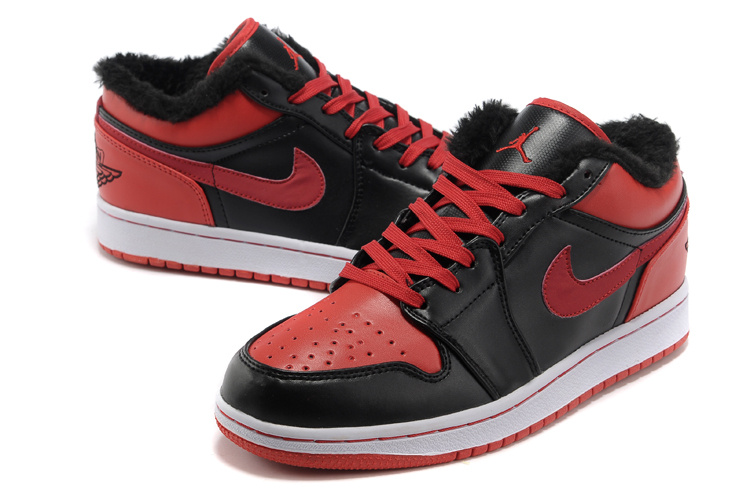 Low Air Jordan 1 Wool Black Red White Shoes - Click Image to Close