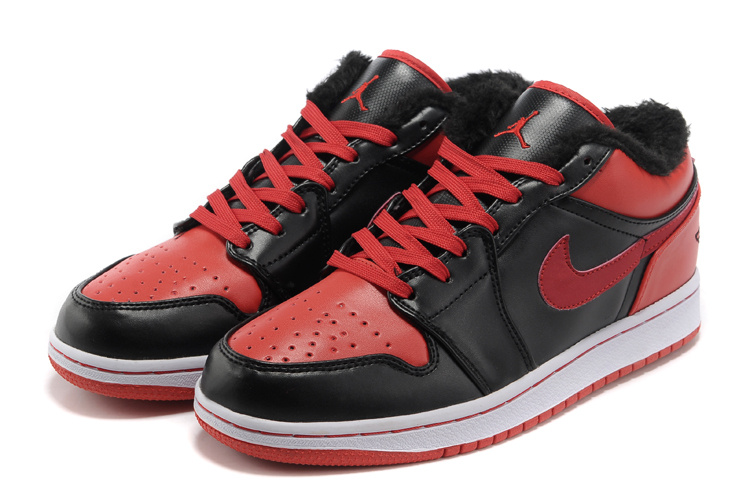 Low Air Jordan 1 Wool Black Red White Shoes - Click Image to Close