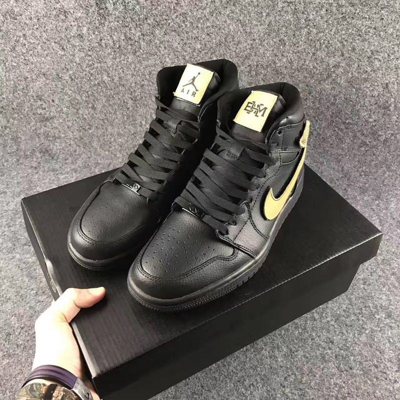 2017 Jordan 1 High BHM All Black Gold Shoes