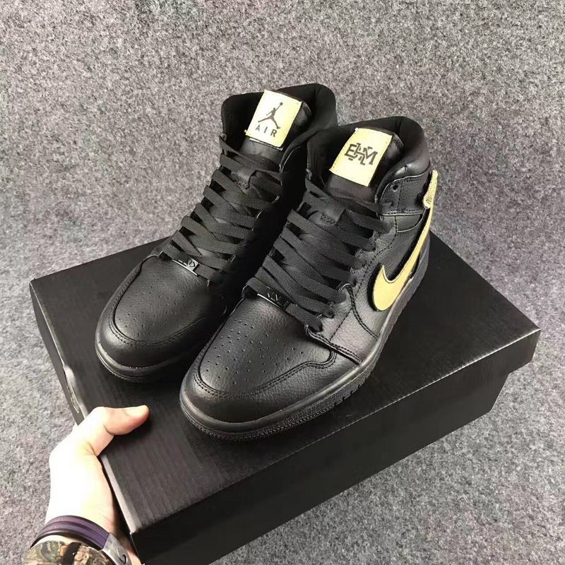 2017 Jordan 1 High BHM All Black Gold Shoes - Click Image to Close