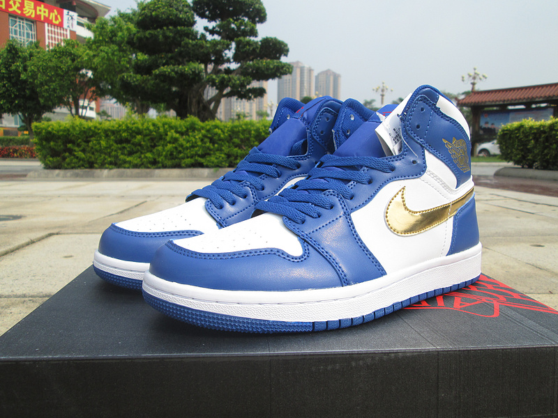 2016 Jordan 1 Olympic Gold Swoosh Blue White Shoes - Click Image to Close