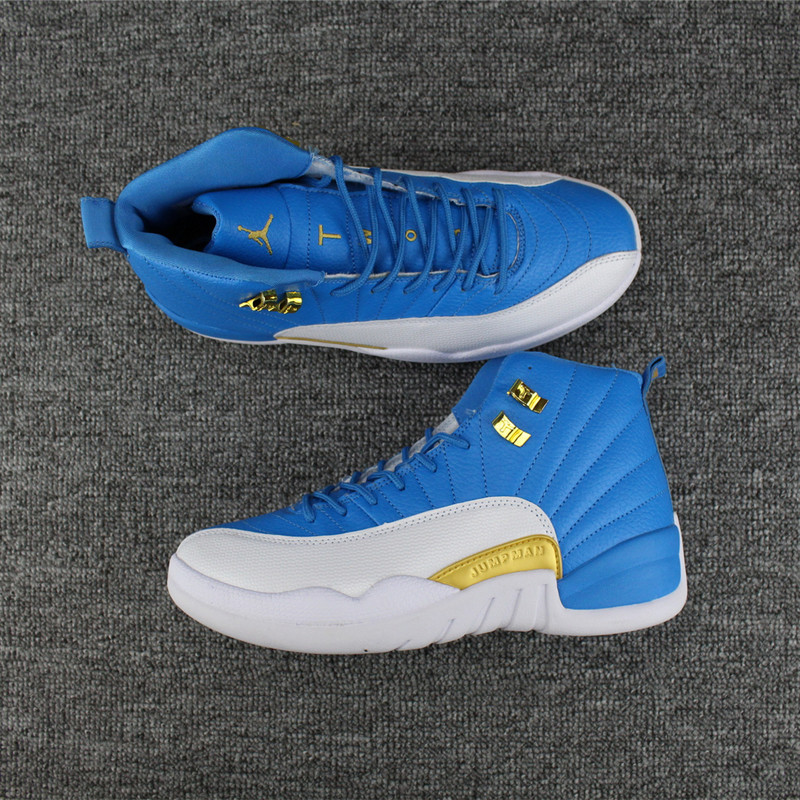 2017 Air Jordan 12 Blue Gold White Shoes - Click Image to Close