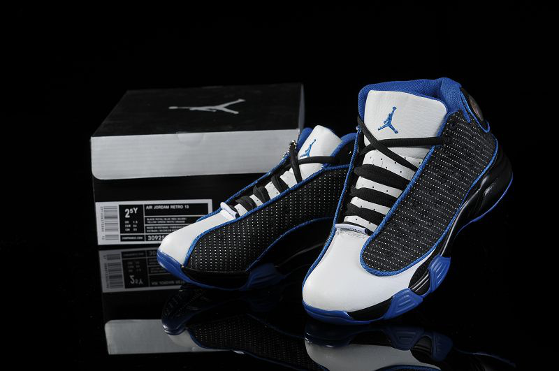 New Air Jordan 13 White Black Blue For Kids - Click Image to Close