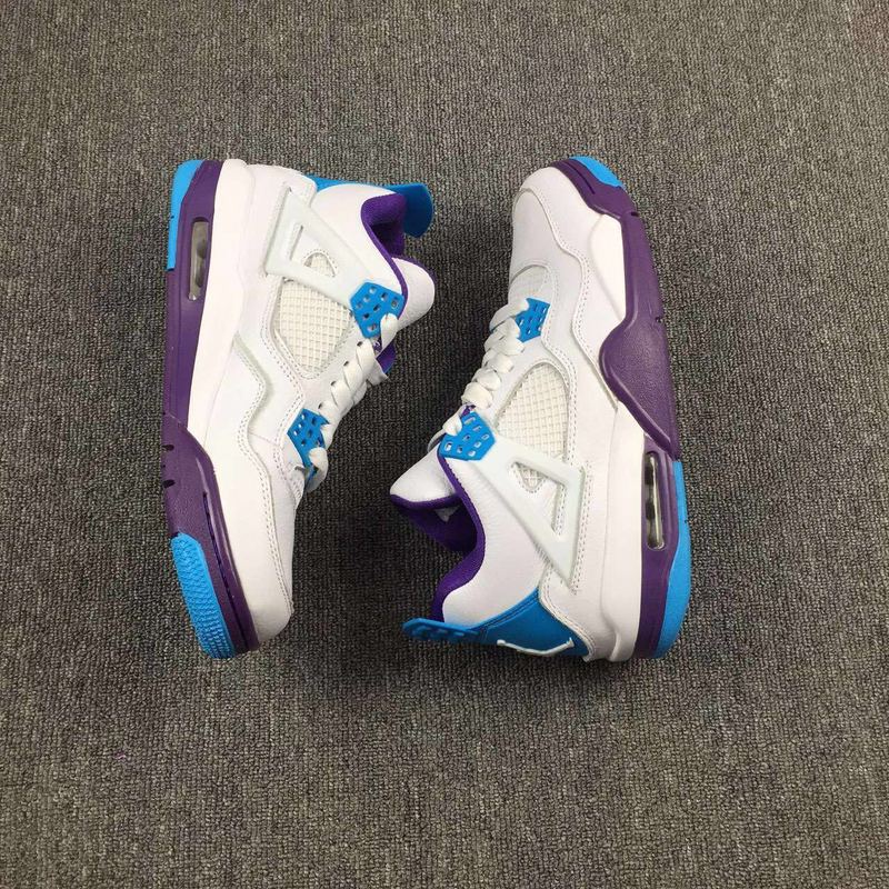 2016 Women Jordan 4 Hornets White Blue Purple Shoes - Click Image to Close