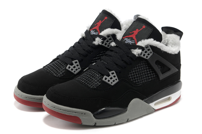 New 2012 Wool Air Jordan 4 Black Grey Red Shoes