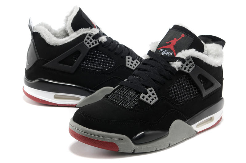 New 2012 Wool Air Jordan 4 Black Grey Red Shoes