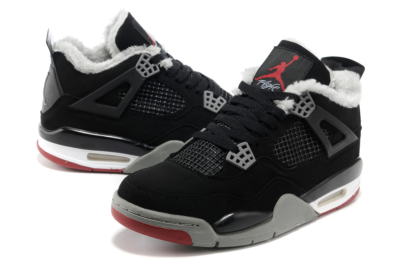 New 2012 Wool Air Jordan 4 Black Grey Red Shoes - Click Image to Close