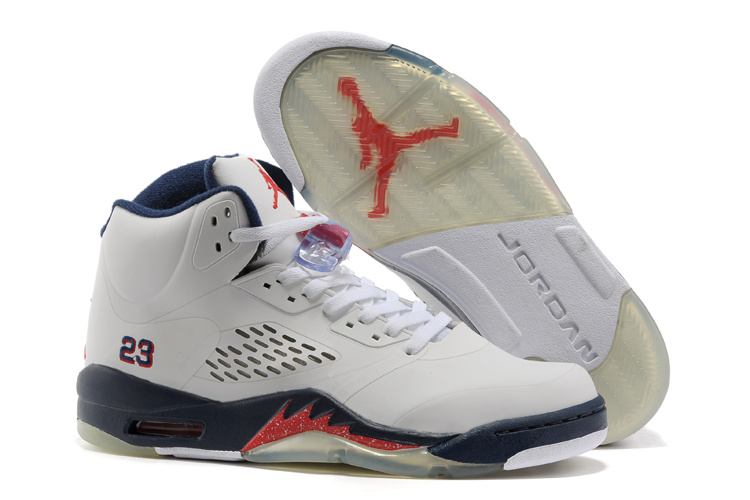 New Air Jordan 5 White Blue Fire Red Shoes For Womens - Click Image to Close