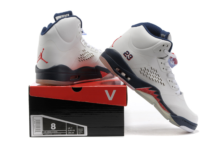 New Air Jordan 5 White Blue Fire Red Shoes - Click Image to Close