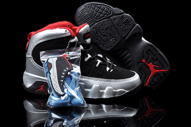 New Air Jordan 9 Black Silver Red For Kids - Click Image to Close