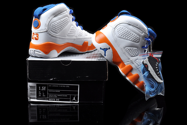 New Air Jordan 9 White Blue Orange For Kids - Click Image to Close