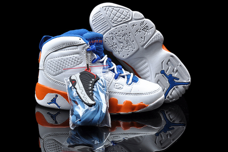 New Air Jordan 9 White Blue Orange For Kids - Click Image to Close