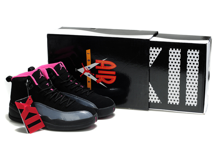 New Air Jordan Retro 12 Black Grey Pink Shoes - Click Image to Close