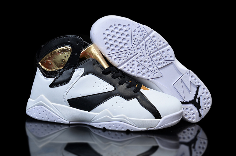 New Jordan 7 White Black Gold Shoes For Women - Click Image to Close