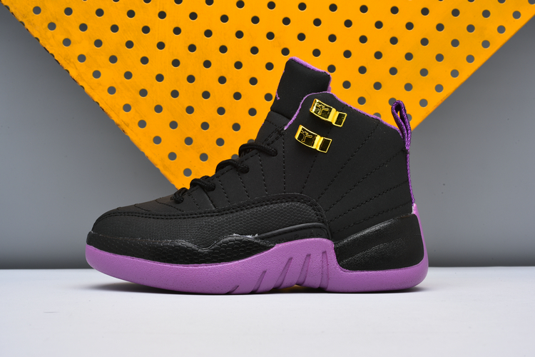 2017 Kids Air Jordan 12 Black Purple Shoes