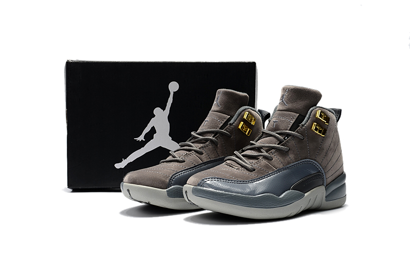 Kids' 2017 Air Jordan 12 Dark Grey Gold Shoes