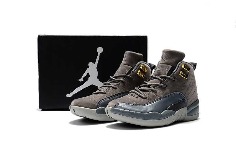 Kids' 2017 Air Jordan 12 Dark Grey Gold Shoes - Click Image to Close