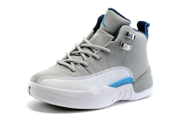 2016 Kids Jordan 12 Grey White Blue Shoes - Click Image to Close