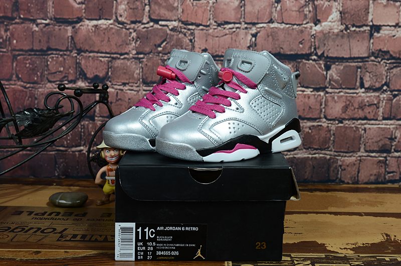 2017 Kids Jordan 6 Siver Pink Black