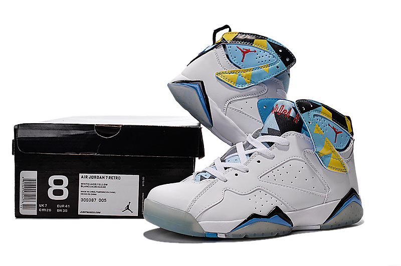 2015 Women's Air Jordan 7 Retro White Baby Blue Yellow Shoes - Click Image to Close