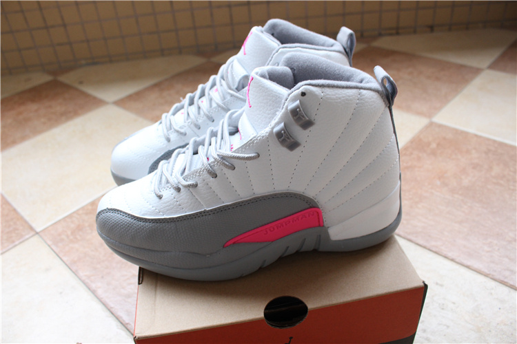 2016 Women Air Jordan 12 White Grey Pink Shoes - Click Image to Close