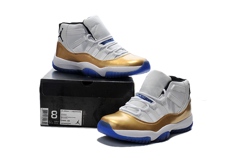 2015 Air Jordan 11 Retro White Gold Blue Sole Shoes - Click Image to Close