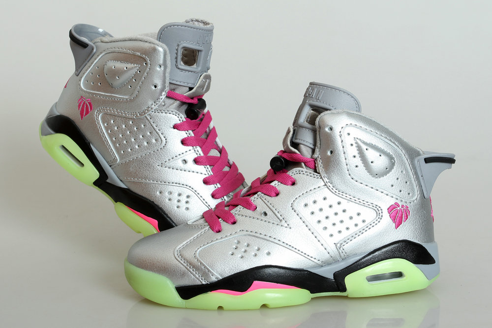 Women Air Jordan 6 Sliver Pink Glow in Dark Basketball Shoes - Click Image to Close