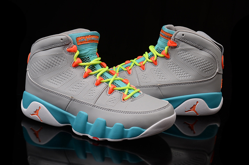 2016 Women Air Jordan 9 Grey Blue Volt Shoes - Click Image to Close