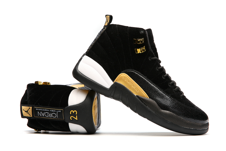 Women Jordans 12 Plueche Black Yellow White Shoes - Click Image to Close